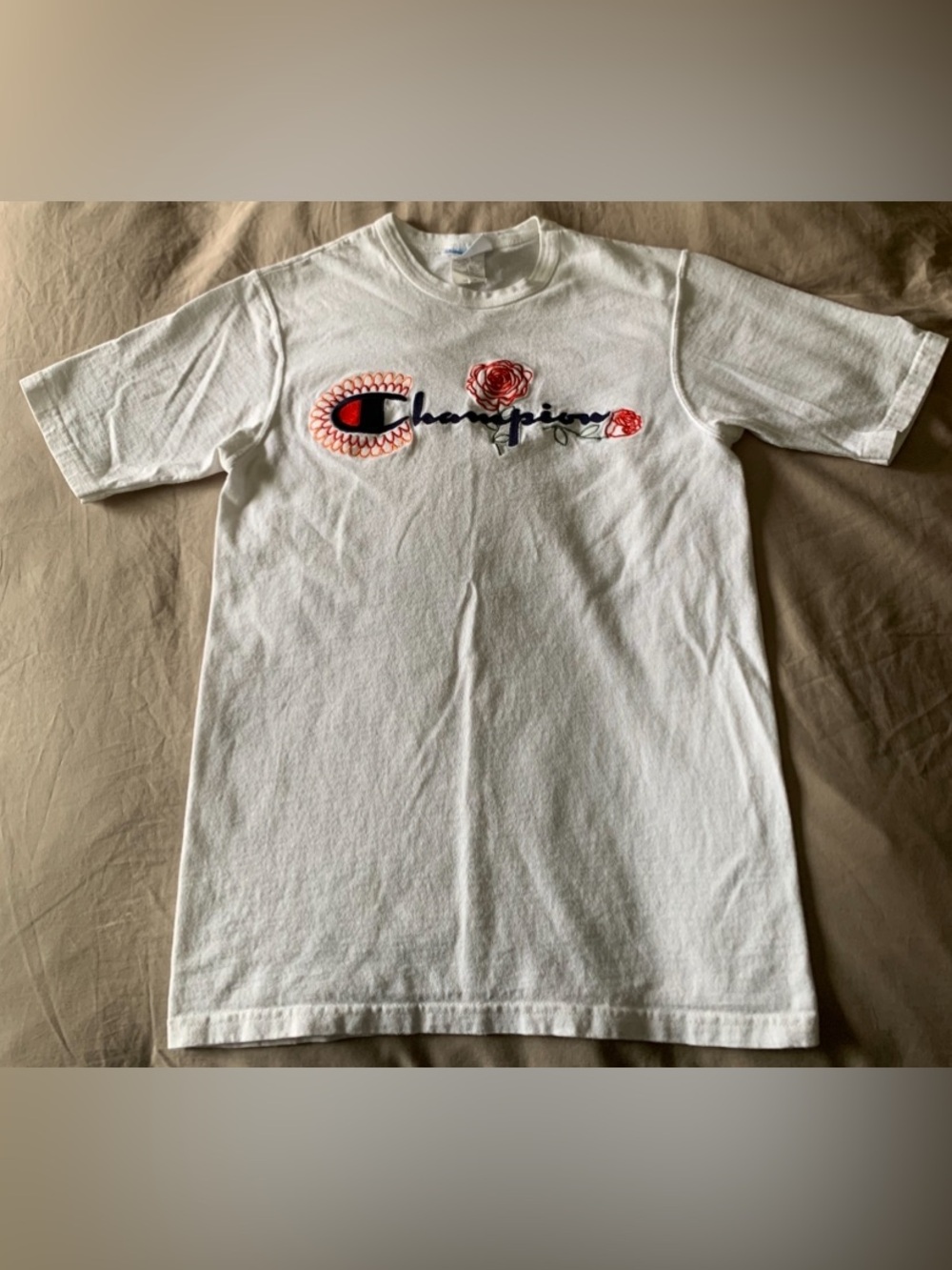Champion White Tee with Red and Black Script Logo